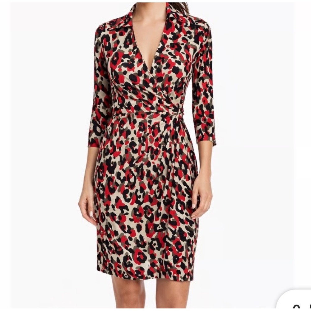 Boston Proper Red Leopard Animal Print‎ Long Sleeve Wrap Dress Size 10